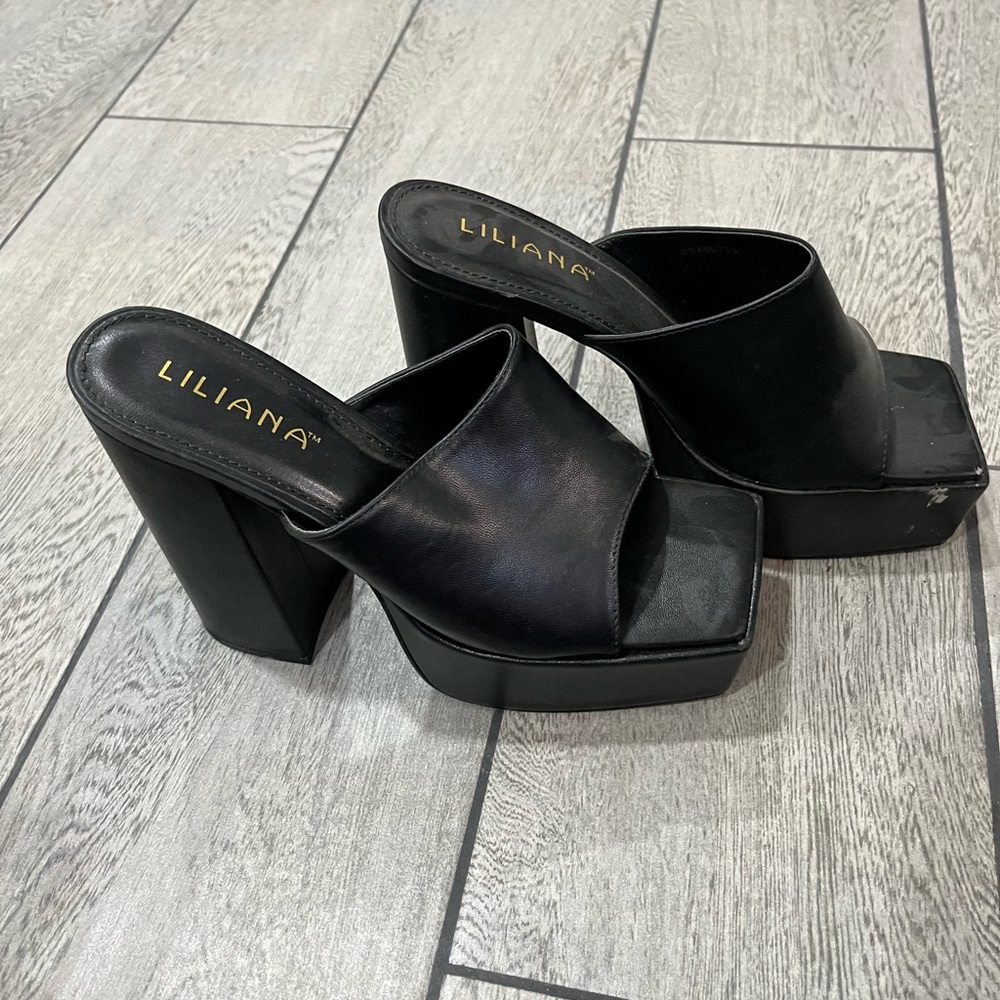 Liliana Black Leather Platform Mule Heels